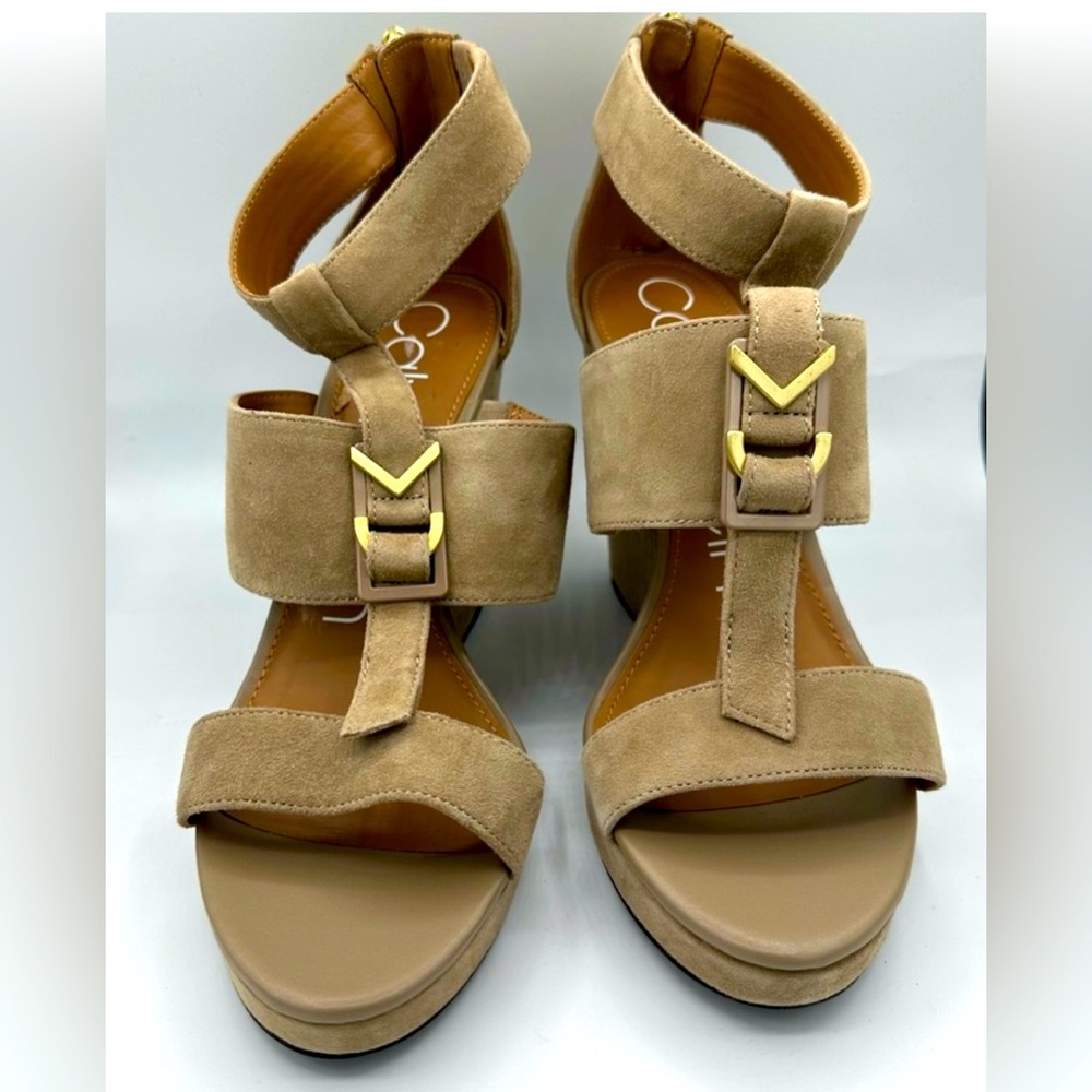 NWOT Calvin Klein Racquel Kid Suede 4 Inch Heel Open Toed Wedge- (no box)